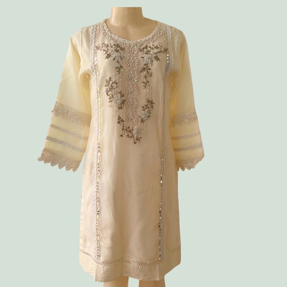 Tawakkal Fabrics Pakistani Kurti S Ivory Embroidered Pearl Sequin Tunic Dress